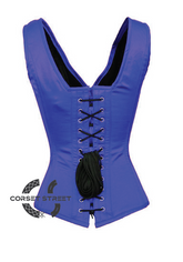 Blue Satin Shoulder Straps Front Seal Lock Gothic Burlesque Bustier Waist Training Overbust Corset Costume